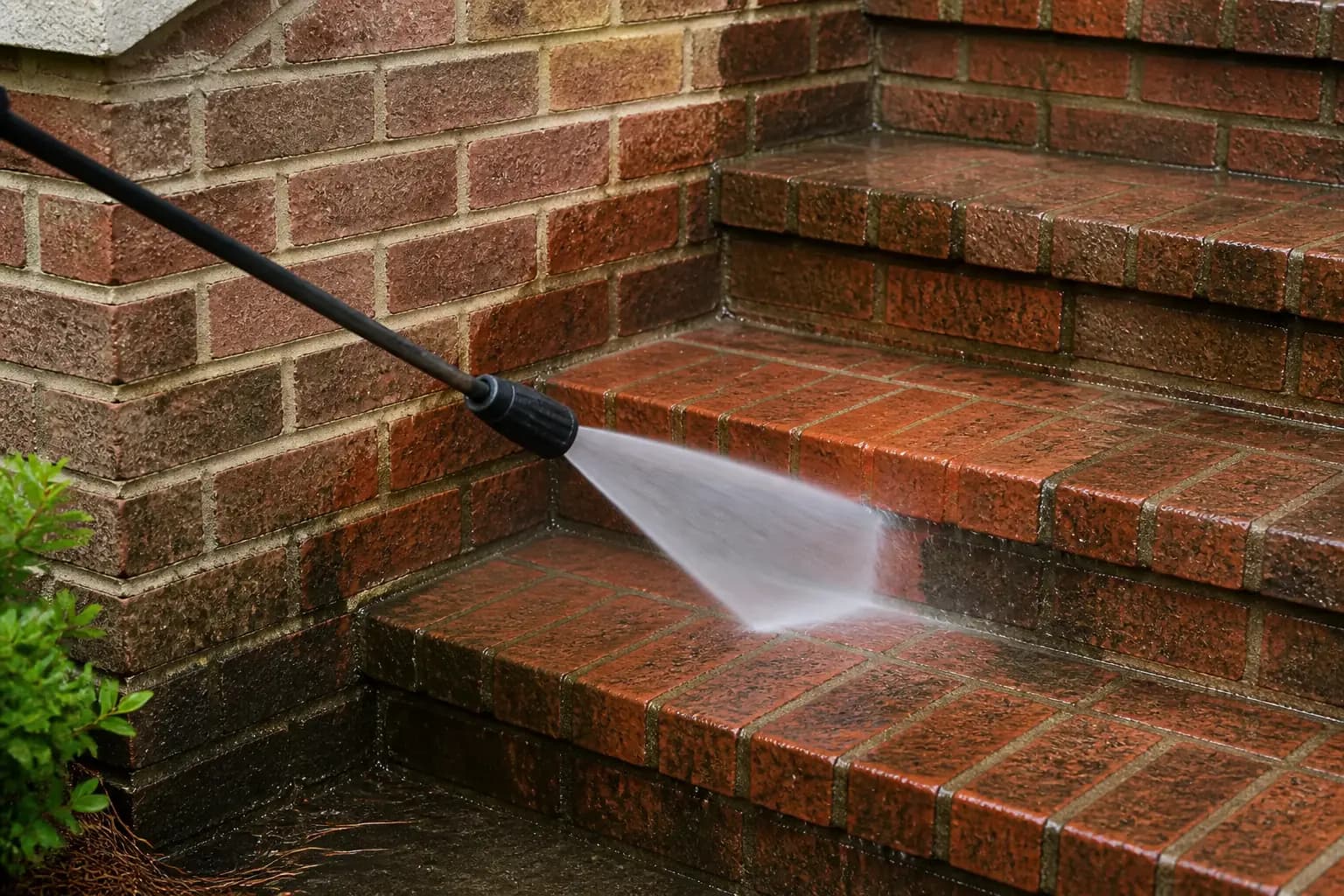 Controlled pressure-washing spray cleaning exterior brick steps