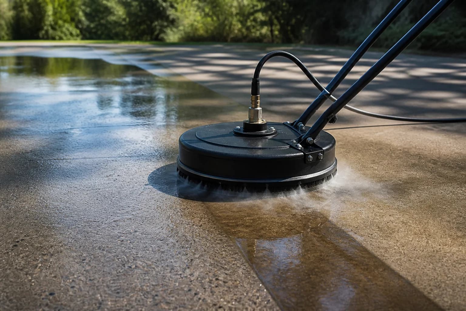 Surface cleaner in use on a concrete driveway
