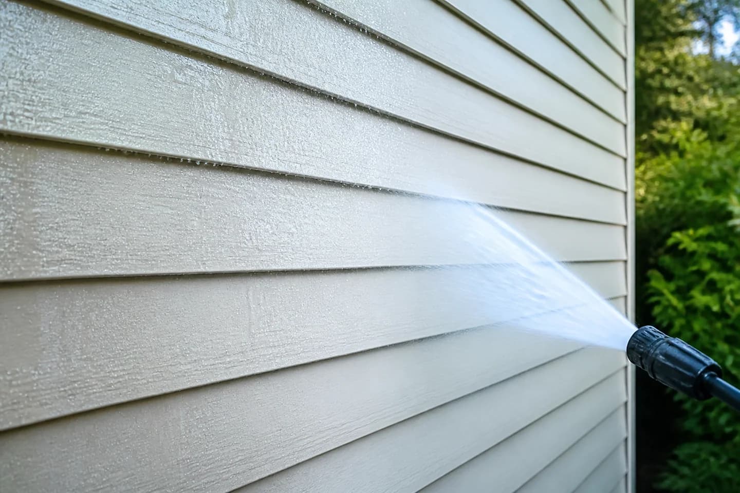 Pressure-washing spray cleaning exterior siding