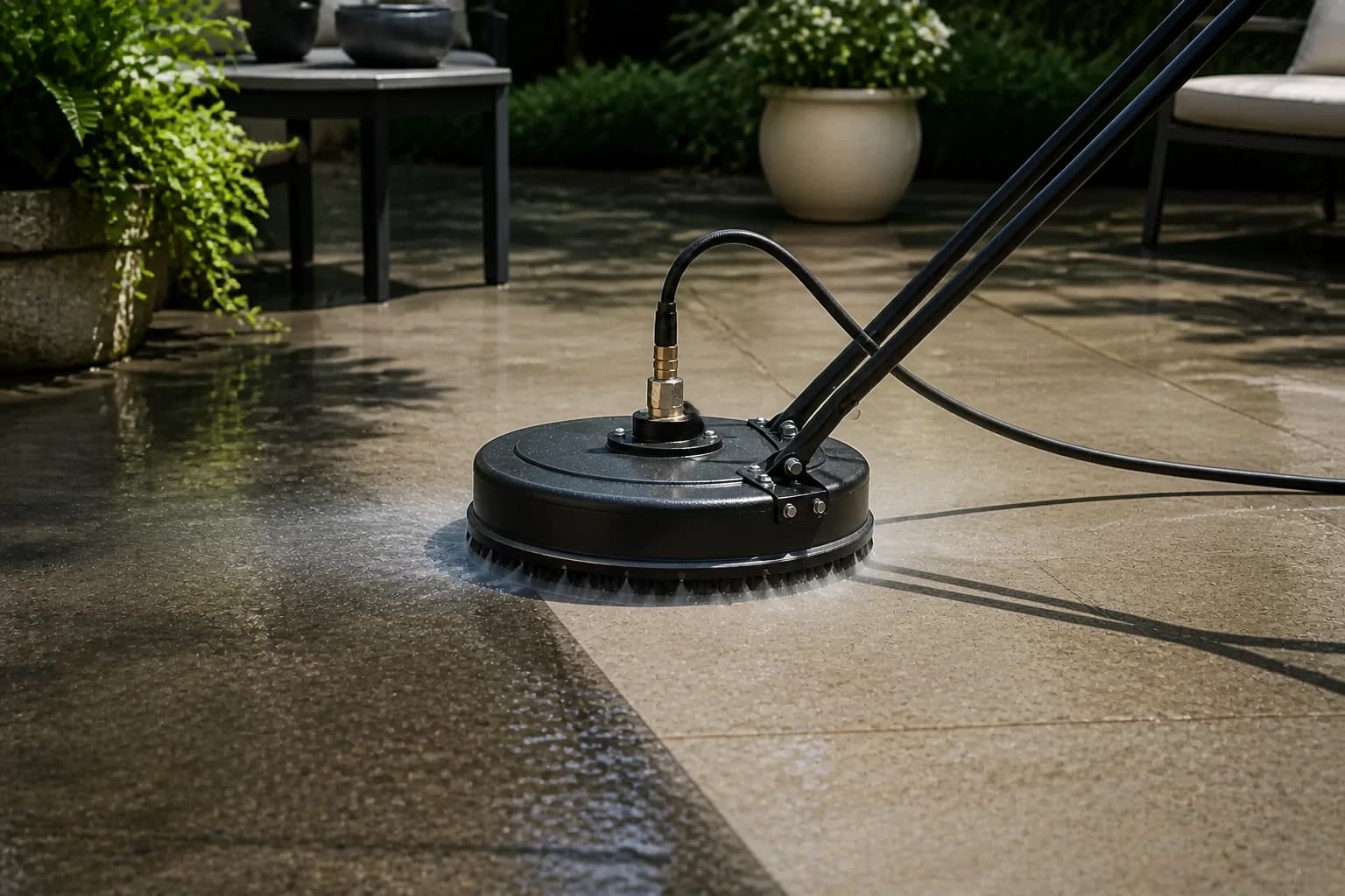 Surface cleaner working across a residential patio
