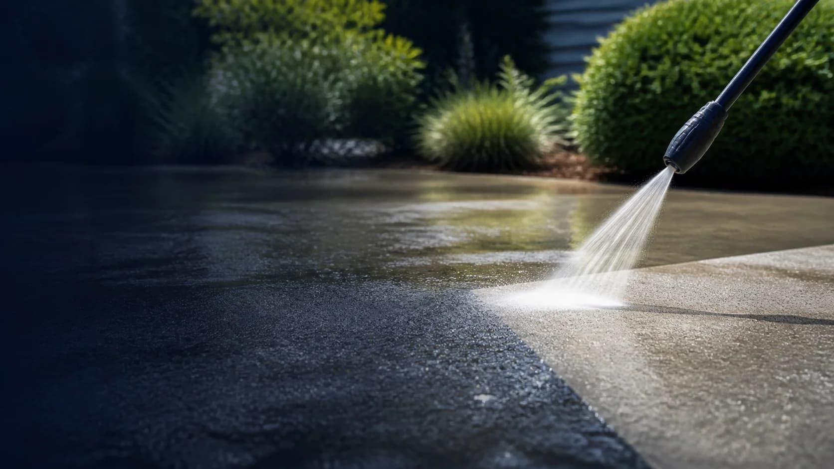 Pressure-washing spray cleaning a concrete surface