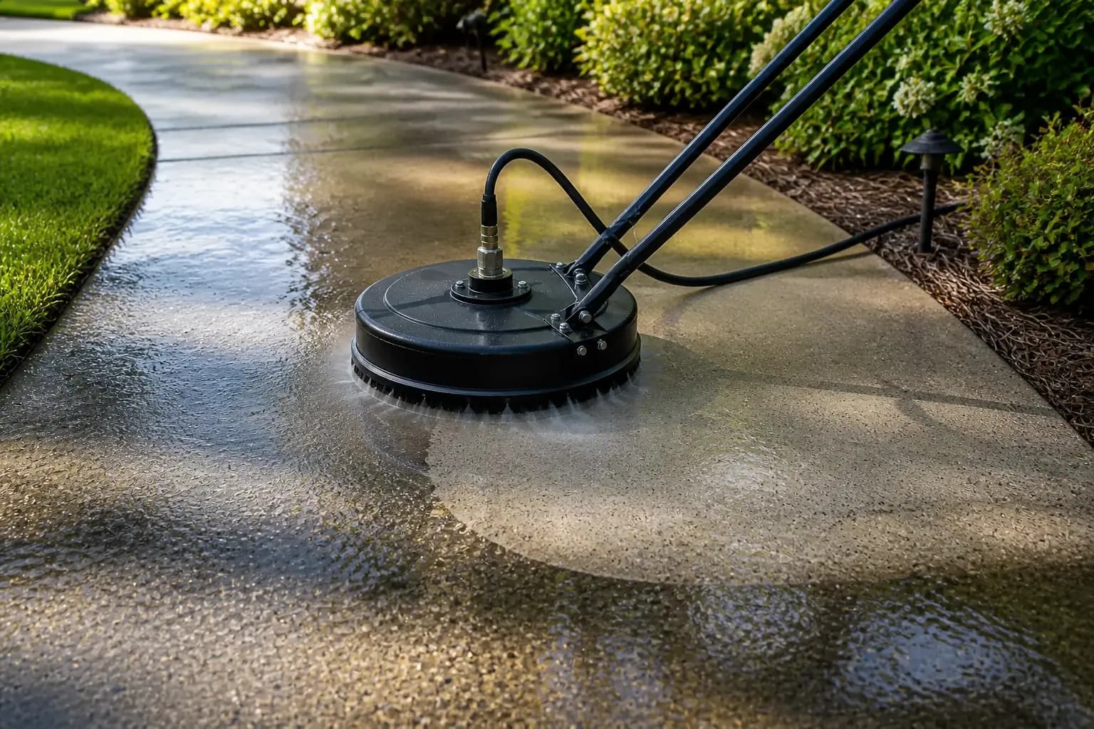 Surface cleaner moving along a landscaped concrete walkway