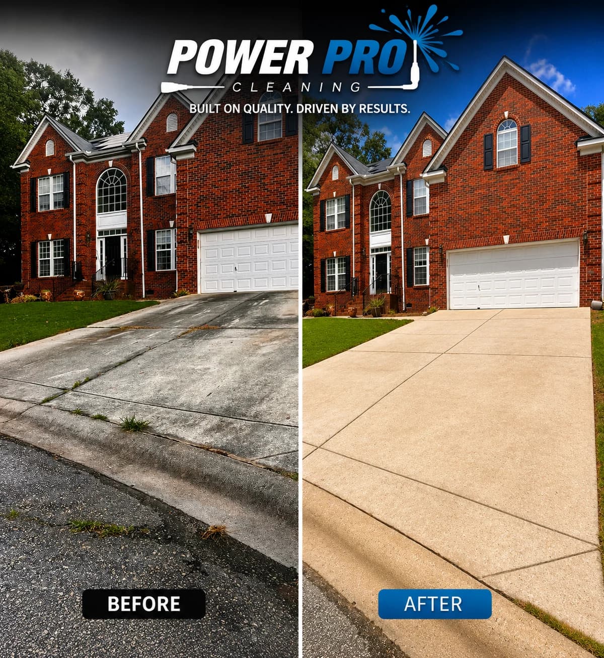 Client-supplied before-and-after view of a driveway cleaning project