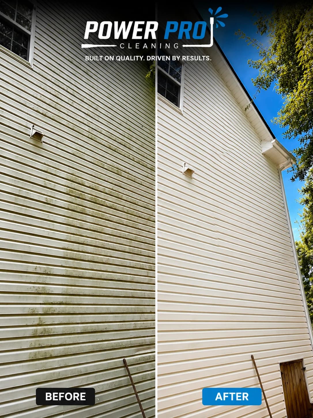 Client-supplied before-and-after view of a siding cleaning project
