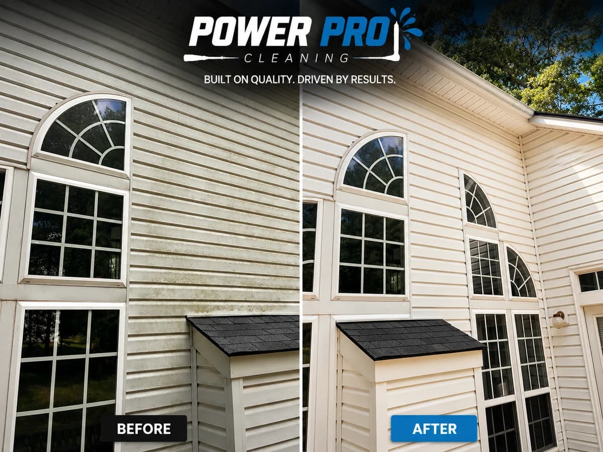Client-supplied before-and-after view of a wide house siding cleaning project